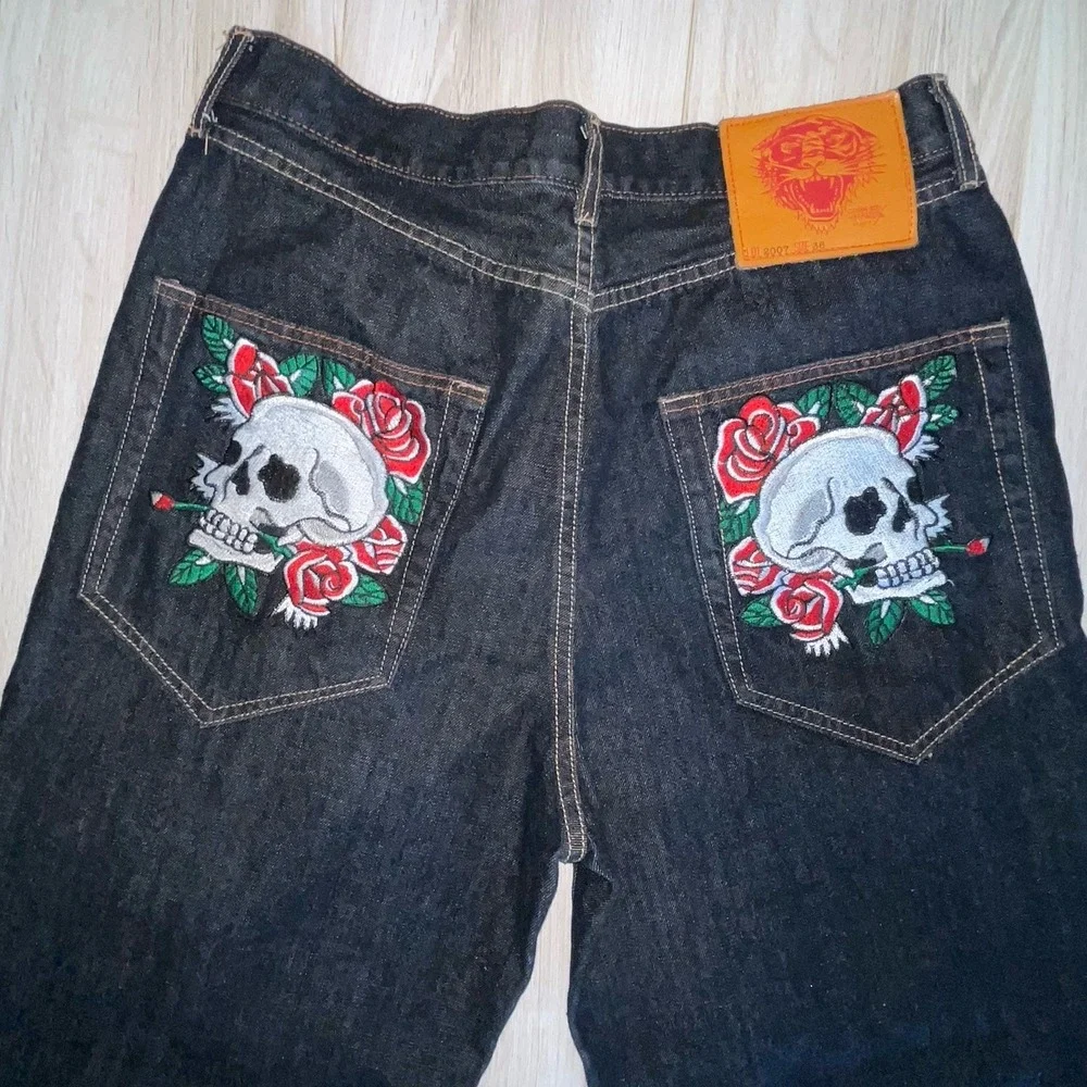 Vintage Ed Hardy Raw Panther Jeans Skull Embroidered 2007 Y2K Streetwear 36 X 32